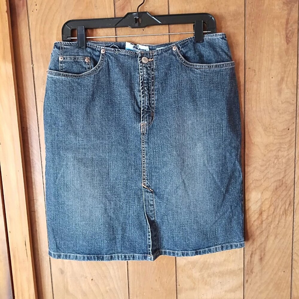 Old Navy Blue Jeans Stretch Denim Skirt Size 12 Front Slit Classic 5 Pocket